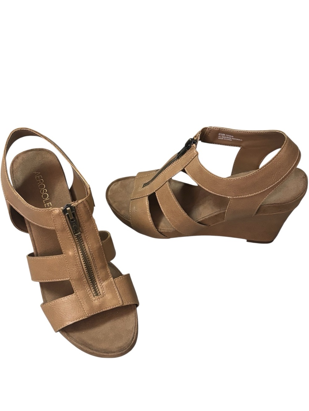 Aerosoles Tan Vegan Leather Zipper Gladiator Platform Sandals Heels Sz 8.5 Zip